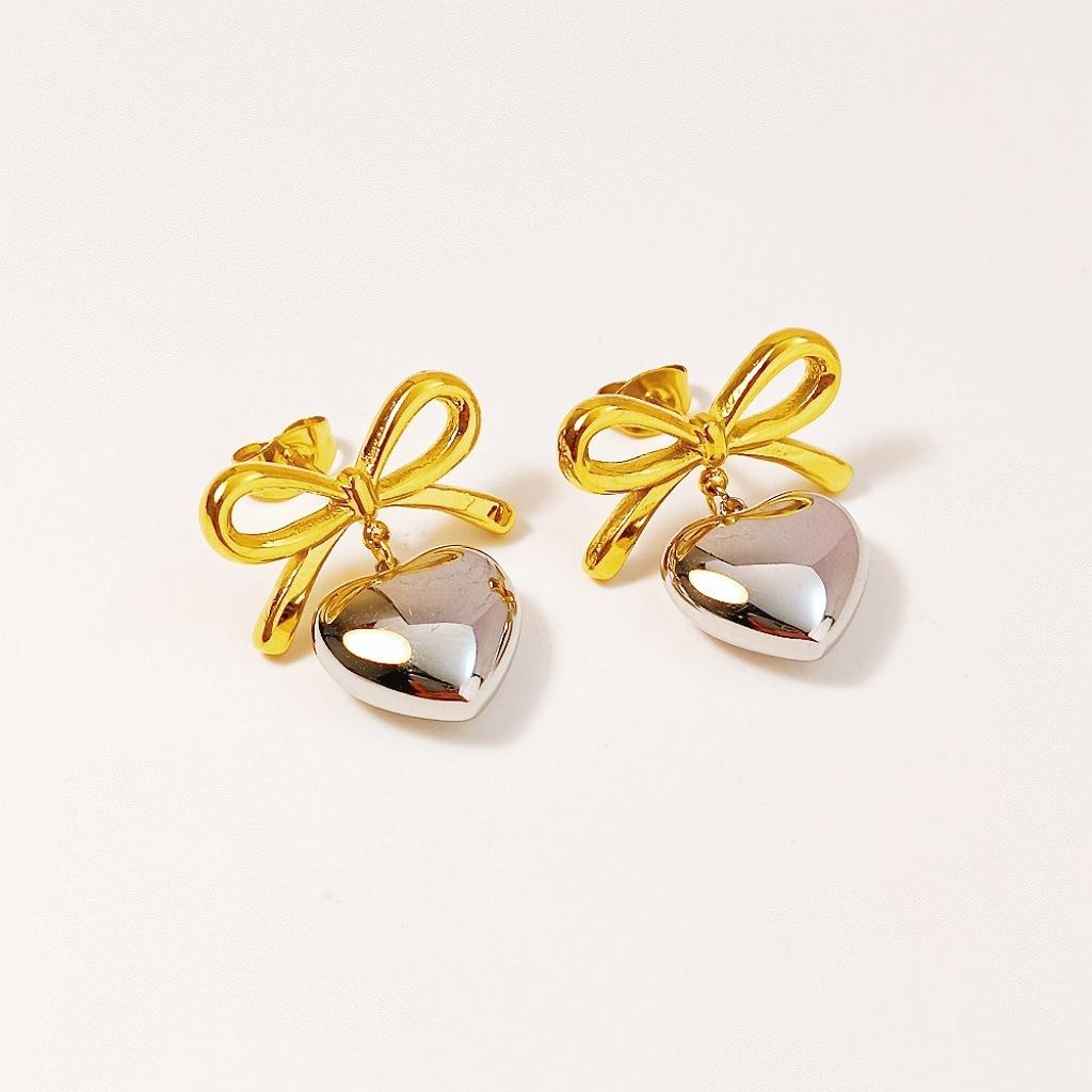 Women's B376 Heart Knot Stud Earrings - Stainless Titanium Steel Fashion Costume Jewelry for Female, Gold + Silver Heart Shape Non-Fading Motif Accessories
