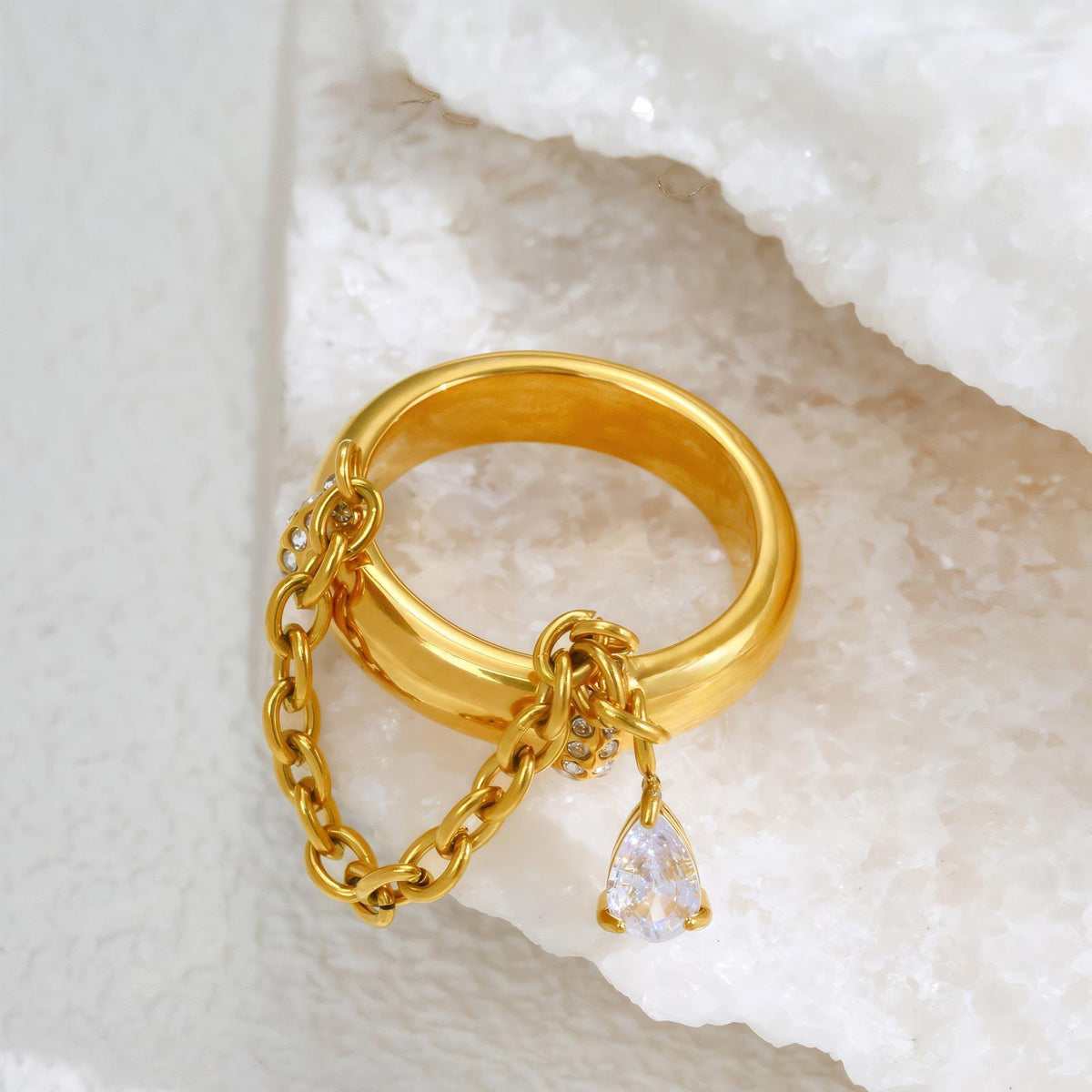 Women's Personalized Drop-Shape Zircon Stone C269 Stainless Steel Chain Female Ring - Fashionable Exquisite Accessory, Simple Versatile Non-Fading Costume Jewelry