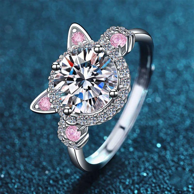 Women's Cute Cat Ear Open Band Ring, Inlaid Sparkling Cubic Zirconia Adjustable Finger Ring, Sweet Pink Accent Fashion Costume Jewelry, Versatile Party Dating Accessories for Ladies