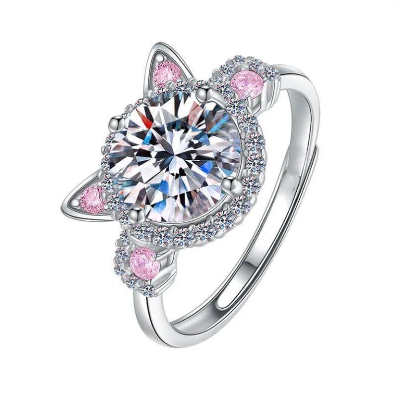 Women's Cute Cat Ear Open Band Ring, Inlaid Sparkling Cubic Zirconia Adjustable Finger Ring, Sweet Pink Accent Fashion Costume Jewelry, Versatile Party Dating Accessories for Ladies