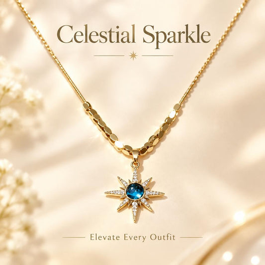 Vintage Blue Crystal 8-Pointed Star Necklace, Luxury Dainty Clavicle Chain, Ideal Gift for Women's Costume Jewelry