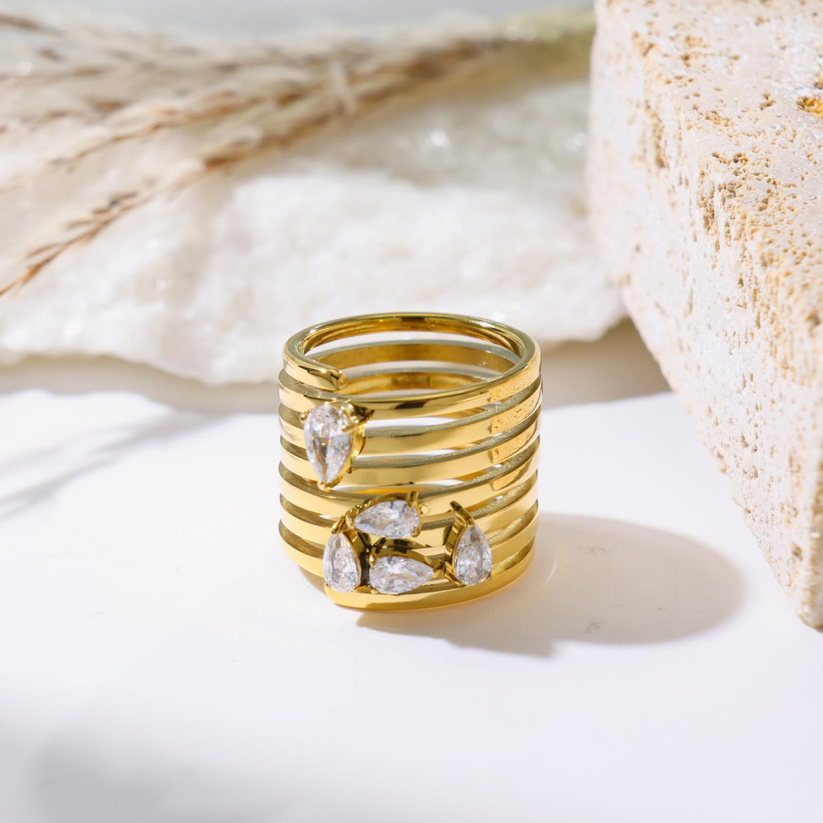 Women's Gold Color Stainless Steel Multi-Layered Water Drop Diamond Ring - Prong-Set Cubic Zirconia Stones, Layered Look Female Party Costume Jewelry Accessory