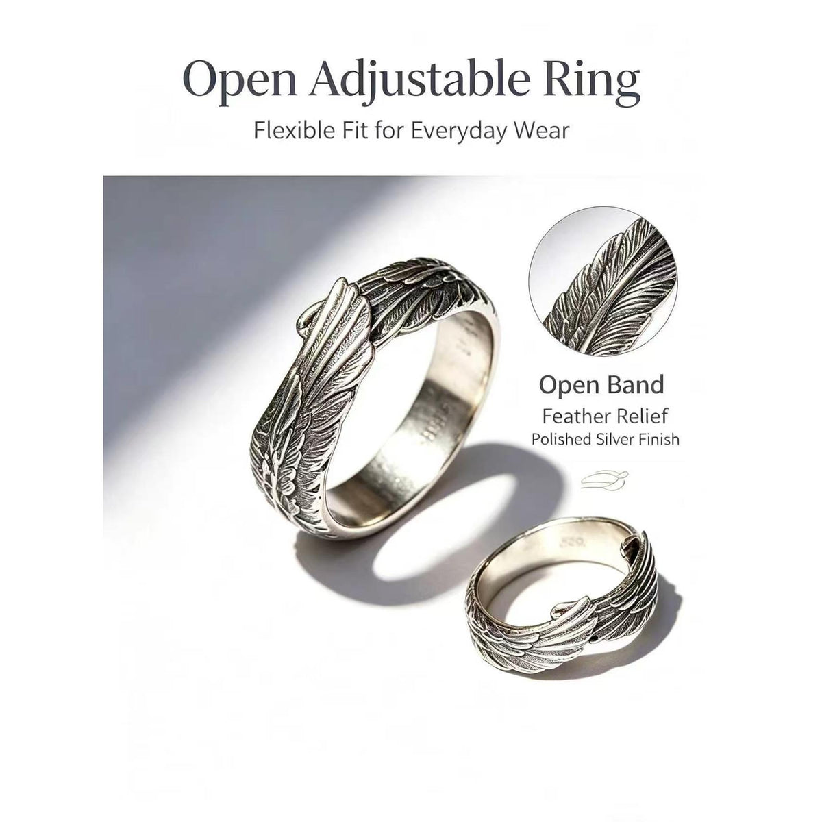 Men's Vintage Oxidation Finish Wing-Open Silver Ring, Detailed Feather Textures, Adjustable Size Band, Premium Anniversary Gift Jewelry
