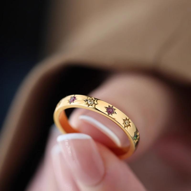 Women's Gold Tone Titanium Steel Stackable Ring, Dainty Thin Band Inlaid Colorful Cubic Zirconia Ring, Minimalist Rainbow Gem Finger Ring, Fashion Costume Jewelry, Versatile Daily Dating Party Accessories
