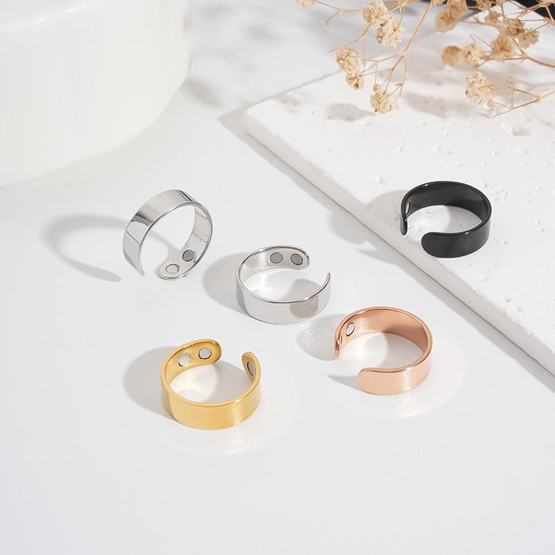 Unisex Adjustable Stainless Steel Magnetic Ring - Open-Ended, 1 or 2 Magnets, Snoring Relief, Stress Relief, Titanium Steel Fashion Costume Jewelry