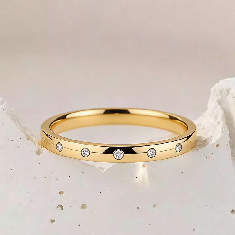 Female 10-Zircon Titanium Steel Ring - Simple Look Costume Jewelry, Niche Ring with Round Synthetic Coloured Gemstone Dots, Daily Wear Versatile Fashion Accessory