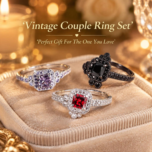 Women's Vintage Couple Ring Set, Prong-Set Colorful Cubic Zirconia Engagement Style Rings, Elegant Alloy Fashion Costume Jewelry, Romantic Matching Rings for Wedding Party & Gift