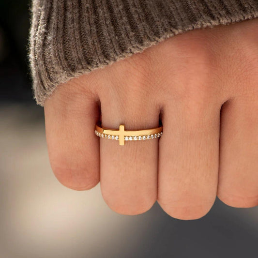 2026 New Arrival Women's 18K PVD Gold-Plated Cross CZ Ring, Hypoallergenic Non-Tarnish Stackable Stainless Steel Band, Religious Daily Fashion Jewelry