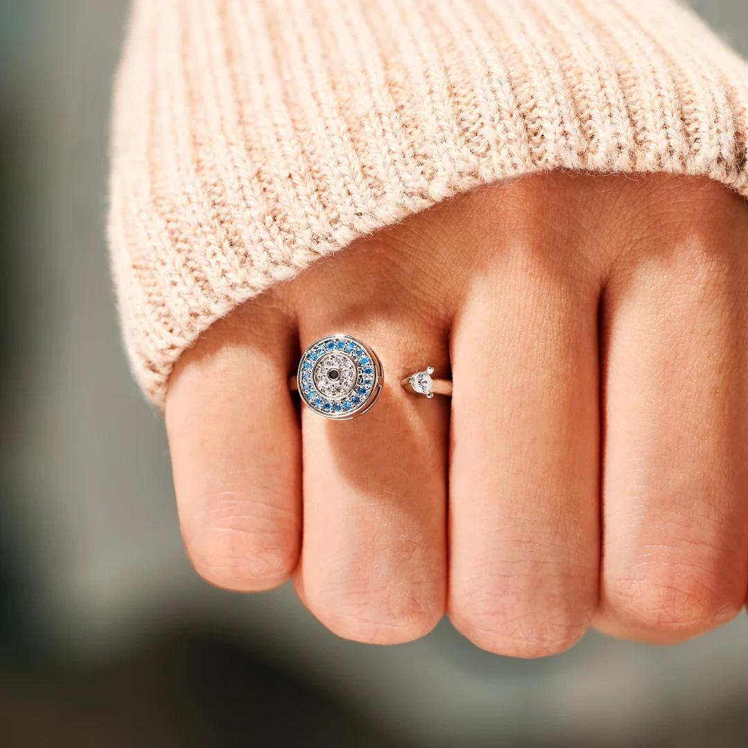 Unisex Rotating Eye Copper Ring with Round Synthetic Coloured Gemstone - Adjustable Open No-Decor Fashion Costume Jewelry for Women's Anti-Anxiety Stress Relief Daily Wear