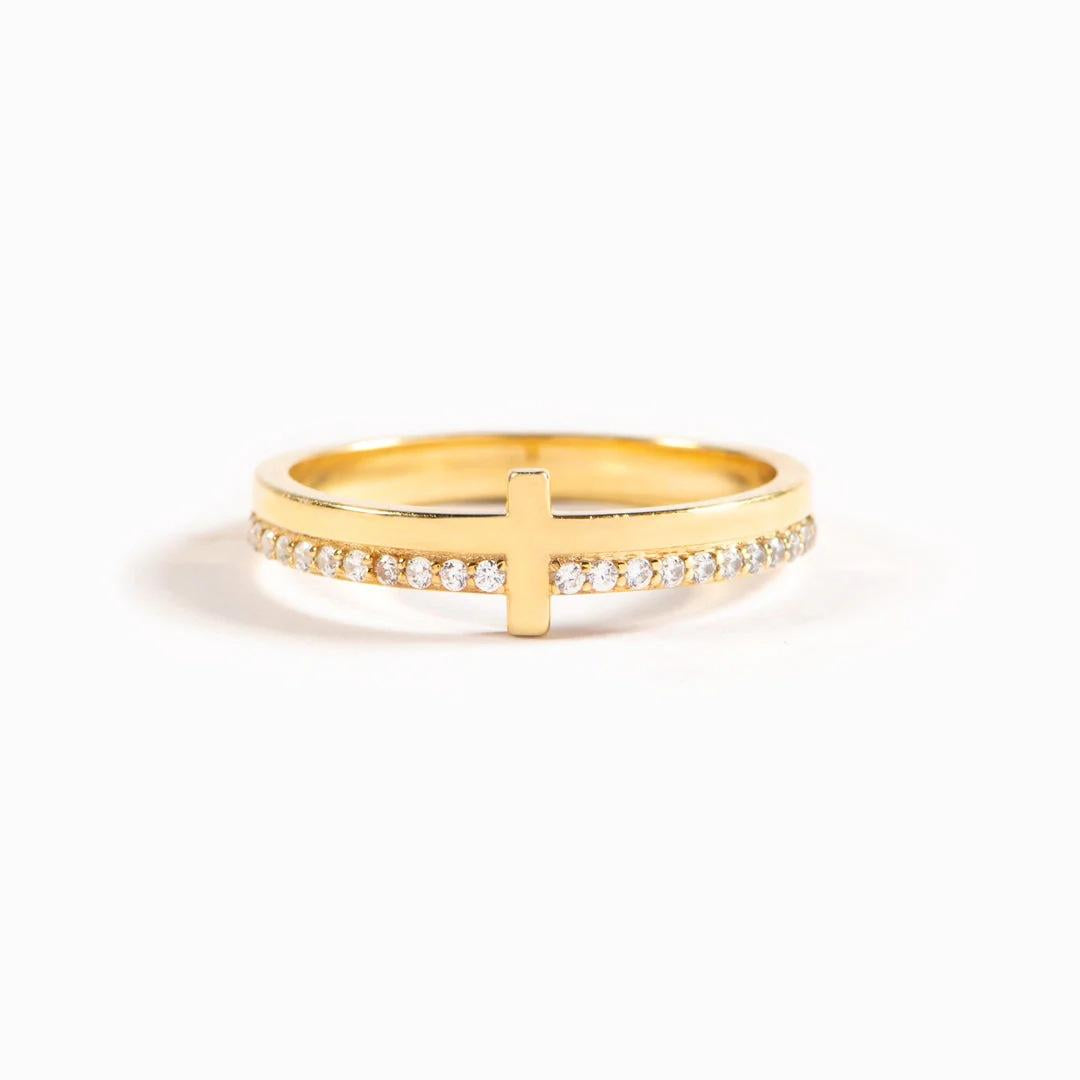 2026 New Arrival Women's 18K PVD Gold-Plated Cross CZ Ring, Hypoallergenic Non-Tarnish Stackable Stainless Steel Band, Religious Daily Fashion Jewelry
