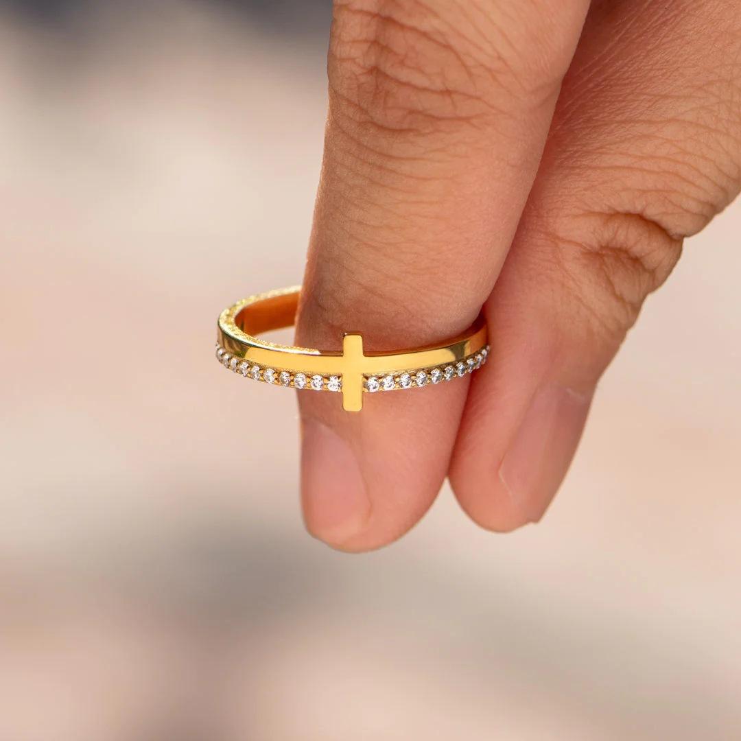 2026 New Arrival Women's 18K PVD Gold-Plated Cross CZ Ring, Hypoallergenic Non-Tarnish Stackable Stainless Steel Band, Religious Daily Fashion Jewelry