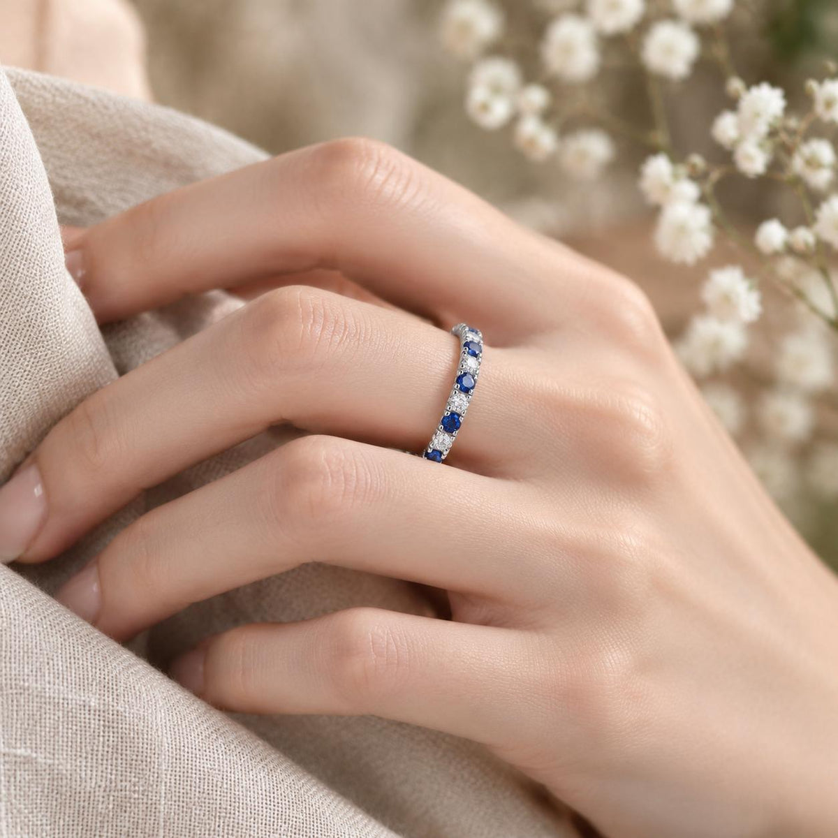Women's Silver Tone Copper Stackable Band Ring, Full Circle Inlaid Blue & Clear Cubic Zirconia Finger Ring, Dainty Eternity Fashion Costume Jewelry, Trendy Accessories for Dating Party Daily Wear