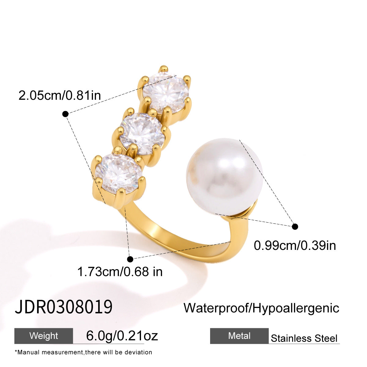 Gold Open Ring for Women, Single Piece Sold, Pearl & Multi Shape CZ Crystal Adjustable Stackable Ring, Elegant Stainless Steel Statement Jewelry Gift