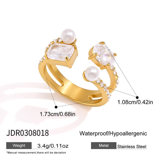 Gold Open Ring for Women, Single Piece Sold, Pearl & Multi Shape CZ Crystal Adjustable Stackable Ring, Elegant Stainless Steel Statement Jewelry Gift