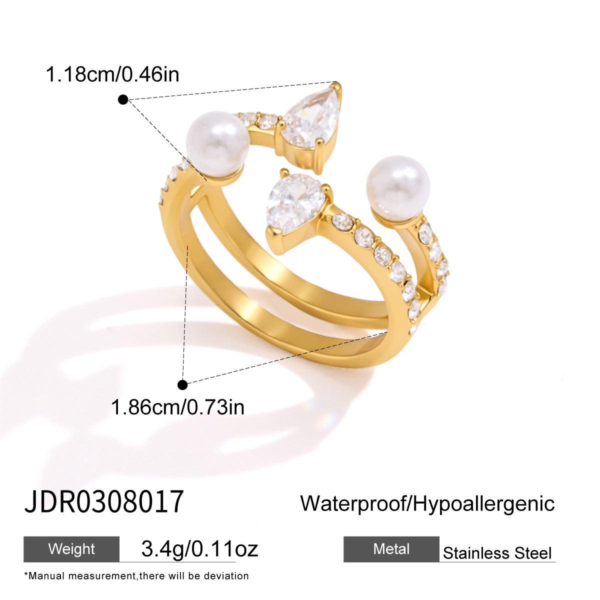 Gold Open Ring for Women, Single Piece Sold, Pearl & Multi Shape CZ Crystal Adjustable Stackable Ring, Elegant Stainless Steel Statement Jewelry Gift