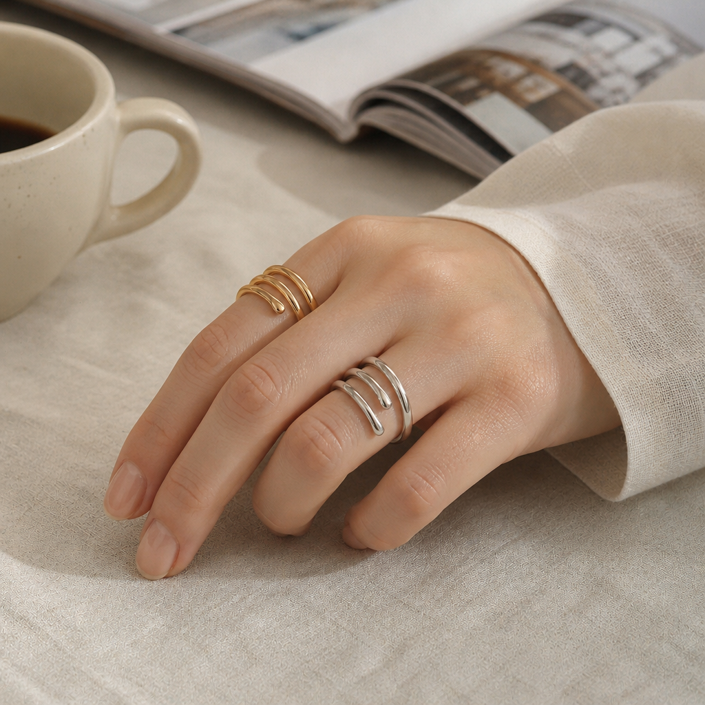 Gold & Silver Spiral Open Ring, Double Coil Wrap Stackable Ring, Minimalist Adjustable Statement Ring, Tarnish Resistant Daily Wear Jewelry for Women