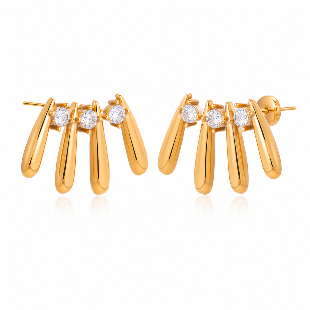 18K Gold Plated Teardrop Bar Earrings, Cubic Zirconia Fan Shape Stud Earrings, Hypoallergenic Waterproof Minimalist Statement Earrings for Women