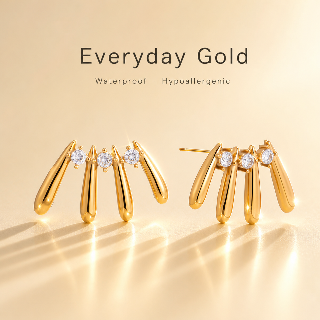 18K Gold Plated Teardrop Bar Earrings, Cubic Zirconia Fan Shape Stud Earrings, Hypoallergenic Waterproof Minimalist Statement Earrings for Women
