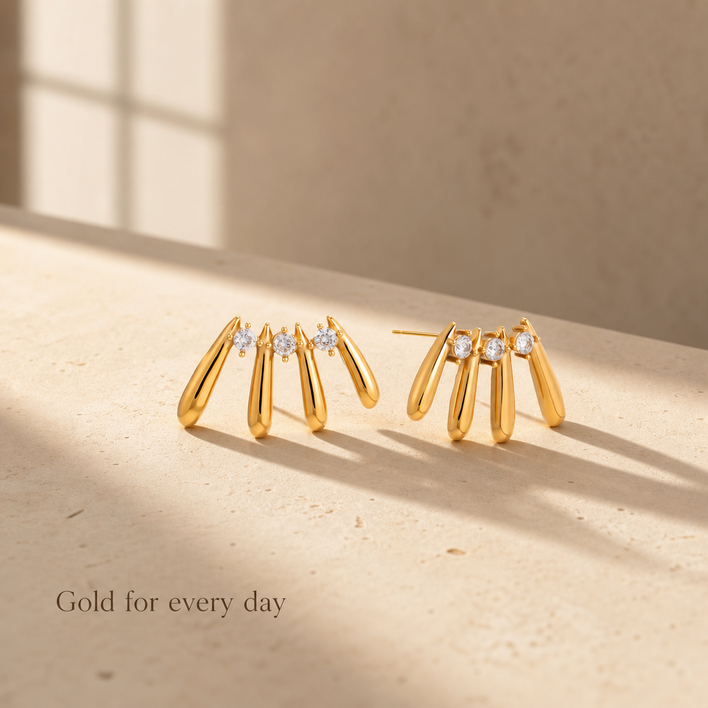 18K Gold Plated Teardrop Bar Earrings, Cubic Zirconia Fan Shape Stud Earrings, Hypoallergenic Waterproof Minimalist Statement Earrings for Women
