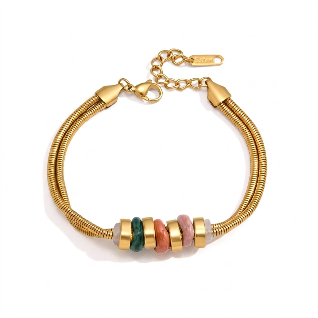 18K Gold Plated Double Snake Chain Bracelet, Natural Stone Beaded Waterproof Stainless Steel Bracelet, Adjustable Stackable Boho Bracelet for Women