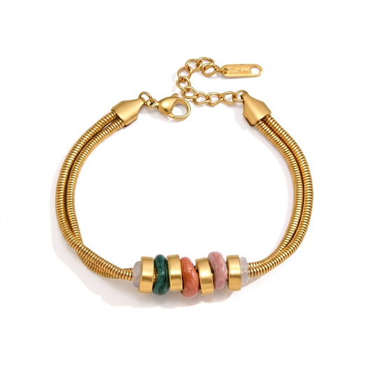 18K Gold Plated Double Snake Chain Bracelet, Natural Stone Beaded Waterproof Stainless Steel Bracelet, Adjustable Stackable Boho Bracelet for Women