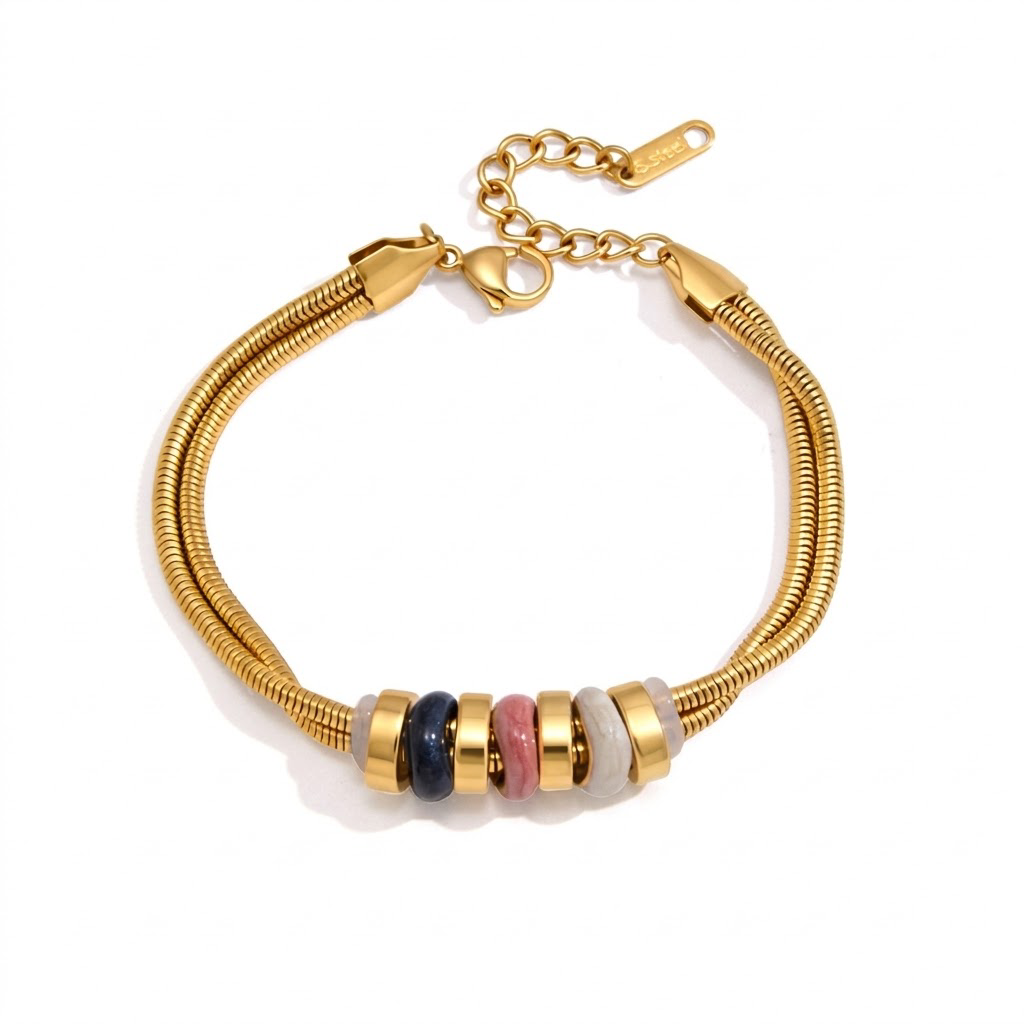 18K Gold Plated Double Snake Chain Bracelet, Natural Stone Beaded Waterproof Stainless Steel Bracelet, Adjustable Stackable Boho Bracelet for Women