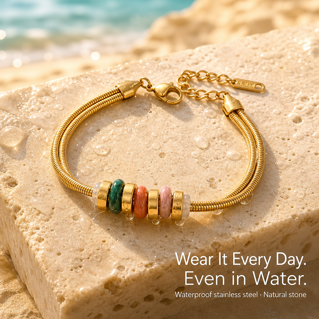 18K Gold Plated Double Snake Chain Bracelet, Natural Stone Beaded Waterproof Stainless Steel Bracelet, Adjustable Stackable Boho Bracelet for Women