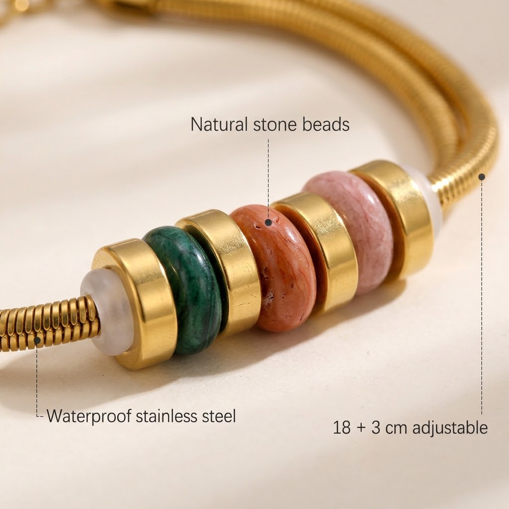 18K Gold Plated Double Snake Chain Bracelet, Natural Stone Beaded Waterproof Stainless Steel Bracelet, Adjustable Stackable Boho Bracelet for Women