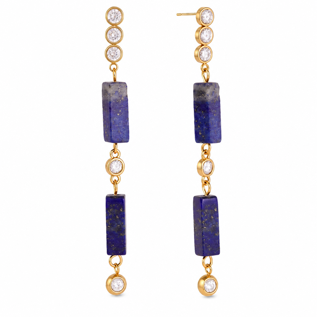 18K Gold Plated Stainless Steel Lapis Lazuli Long Drop Earrings, Cubic Zirconia Dangle Earrings, Hypoallergenic Waterproof Natural Stone Statement Earrings for Women