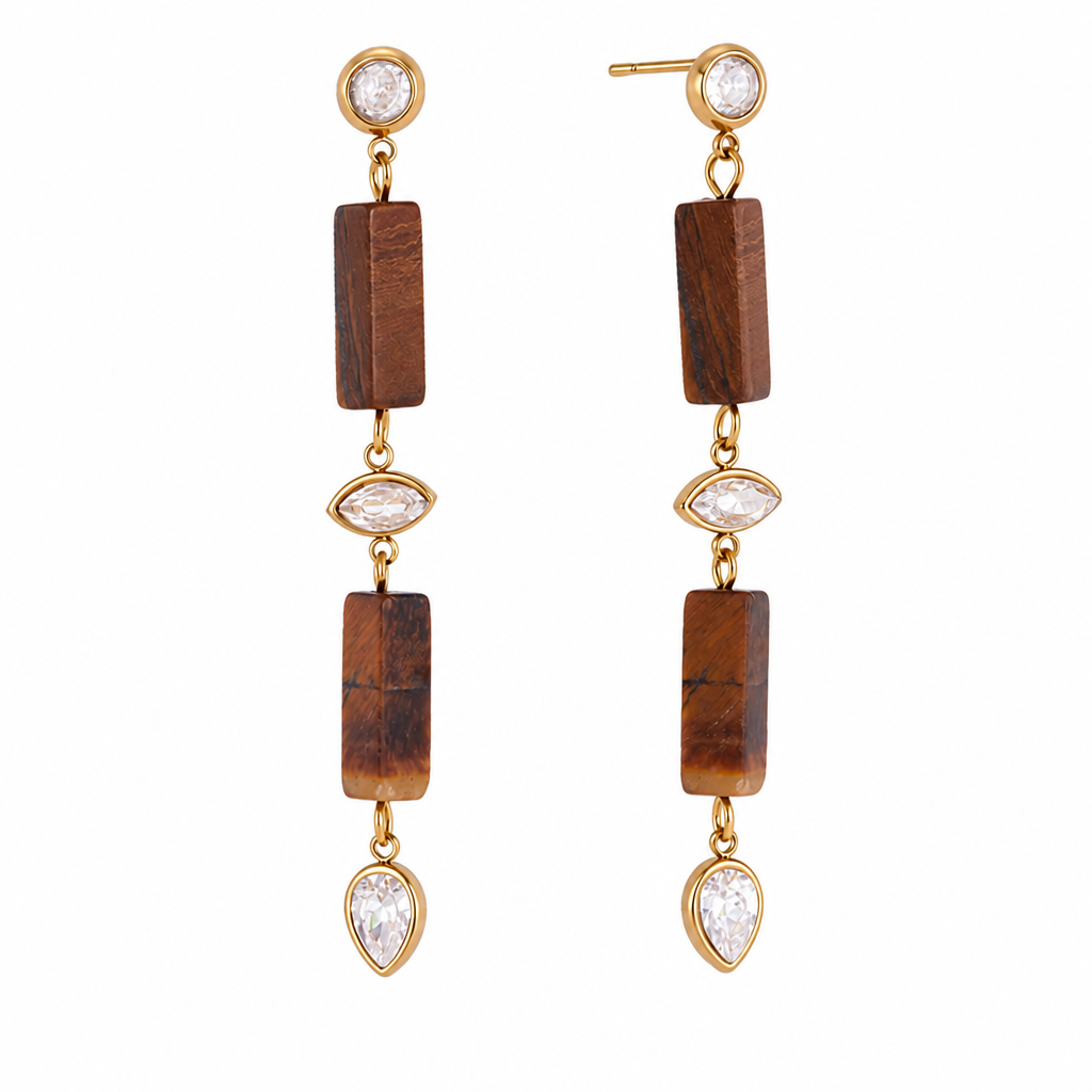 18K Gold Plated Stainless Steel Lapis Lazuli Long Drop Earrings, Cubic Zirconia Dangle Earrings, Hypoallergenic Waterproof Natural Stone Statement Earrings for Women