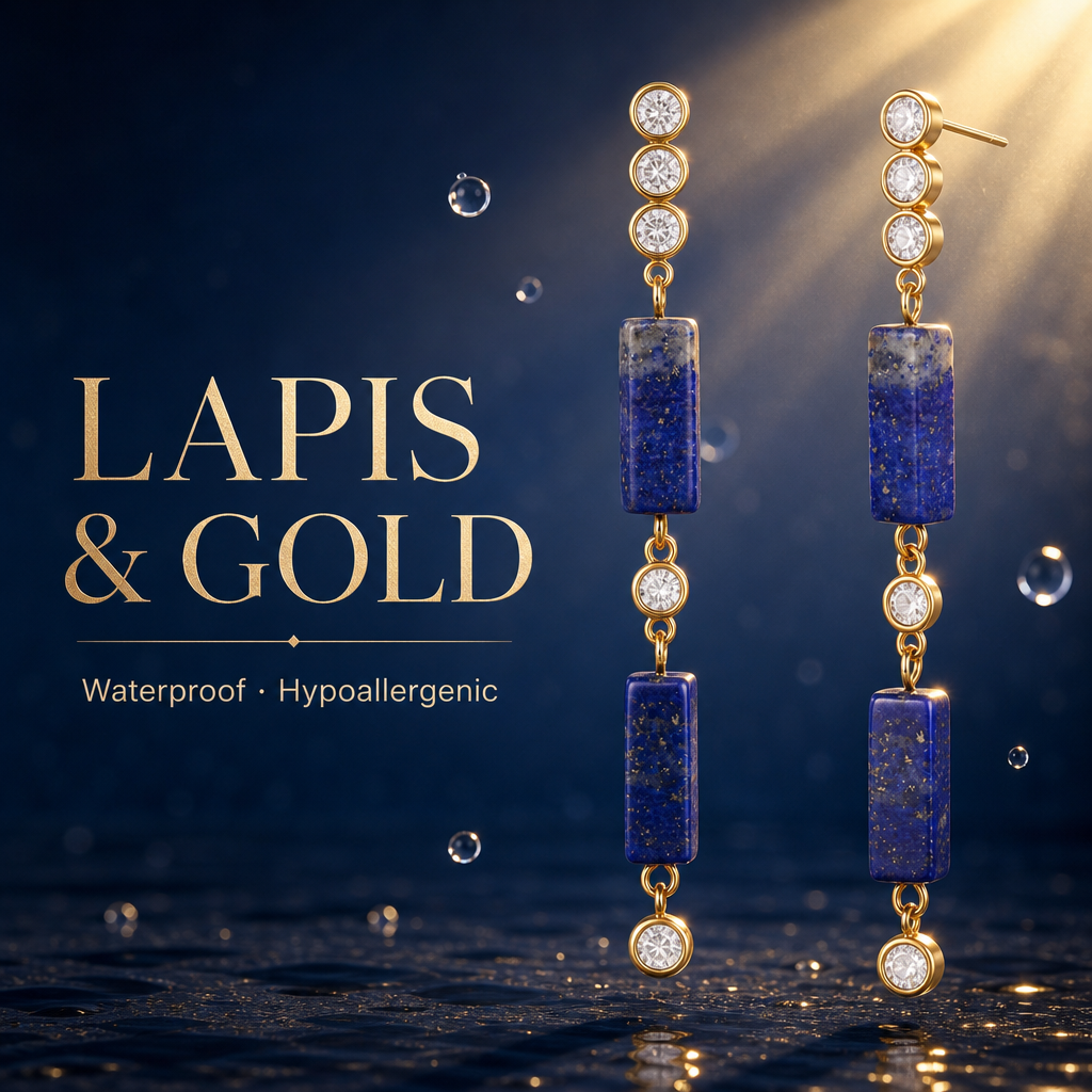 18K Gold Plated Stainless Steel Lapis Lazuli Long Drop Earrings, Cubic Zirconia Dangle Earrings, Hypoallergenic Waterproof Natural Stone Statement Earrings for Women