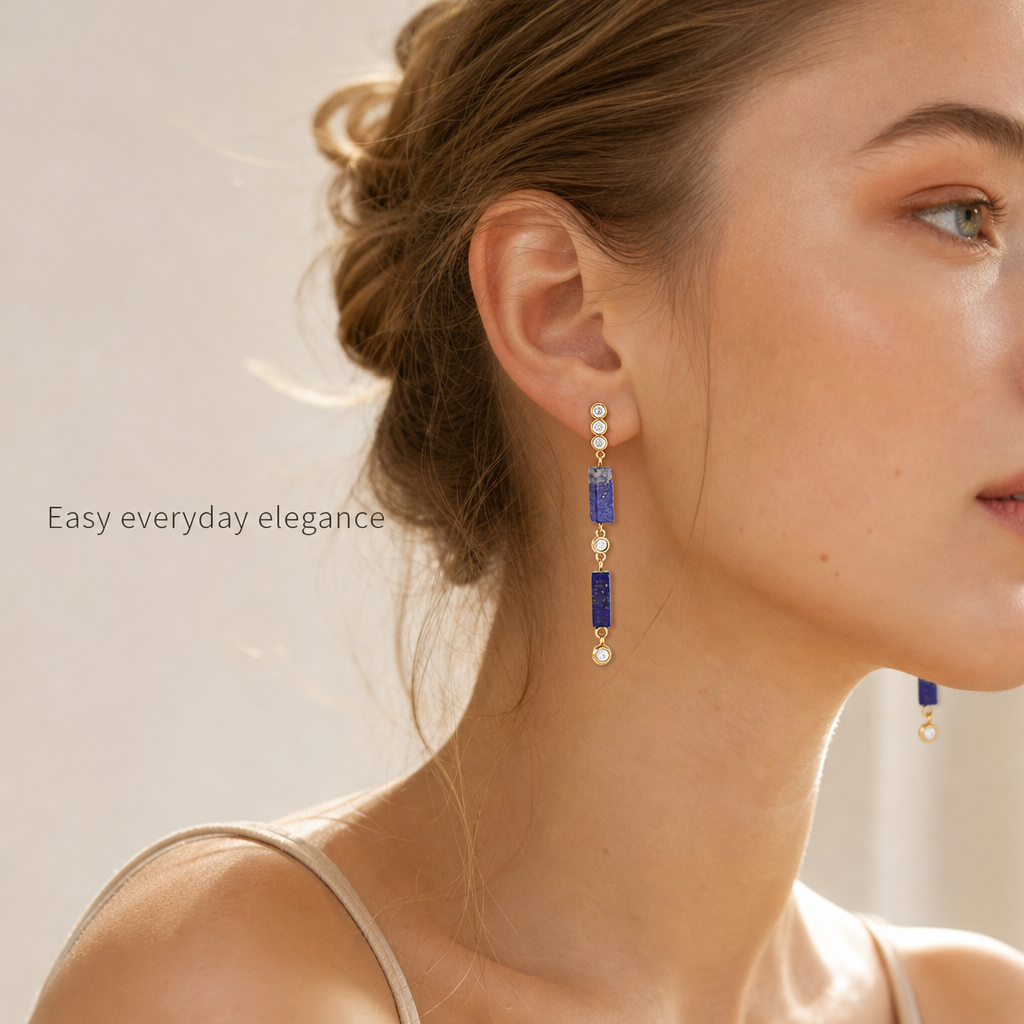 18K Gold Plated Stainless Steel Lapis Lazuli Long Drop Earrings, Cubic Zirconia Dangle Earrings, Hypoallergenic Waterproof Natural Stone Statement Earrings for Women
