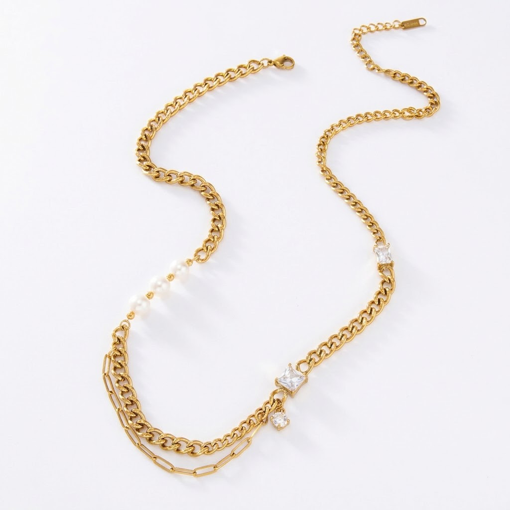 18K Gold Plated Stainless Steel Double Layer Curb Chain Necklace, Freshwater Pearl & Square CZ Crystal Stacked Necklace, Waterproof Hypoallergenic Statement Necklace for Women