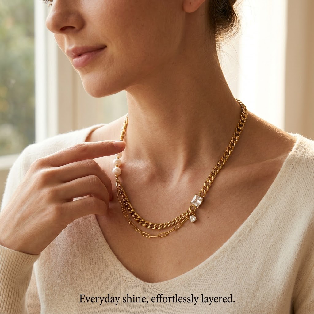 18K Gold Plated Stainless Steel Double Layer Curb Chain Necklace, Freshwater Pearl & Square CZ Crystal Stacked Necklace, Waterproof Hypoallergenic Statement Necklace for Women