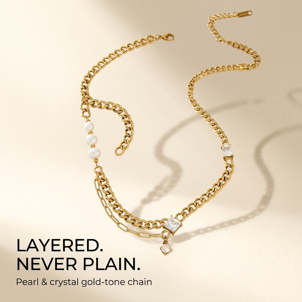 18K Gold Plated Stainless Steel Double Layer Curb Chain Necklace, Freshwater Pearl & Square CZ Crystal Stacked Necklace, Waterproof Hypoallergenic Statement Necklace for Women