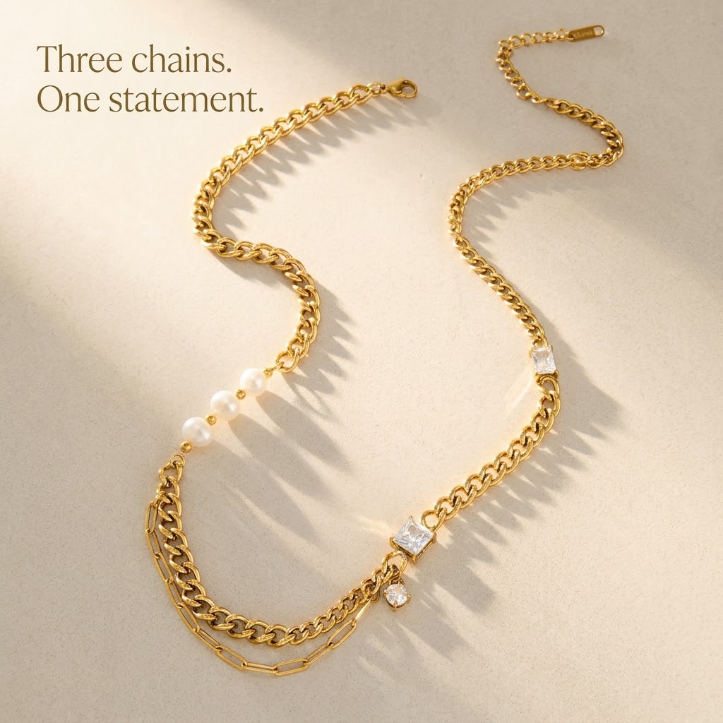 18K Gold Plated Stainless Steel Double Layer Curb Chain Necklace, Freshwater Pearl & Square CZ Crystal Stacked Necklace, Waterproof Hypoallergenic Statement Necklace for Women