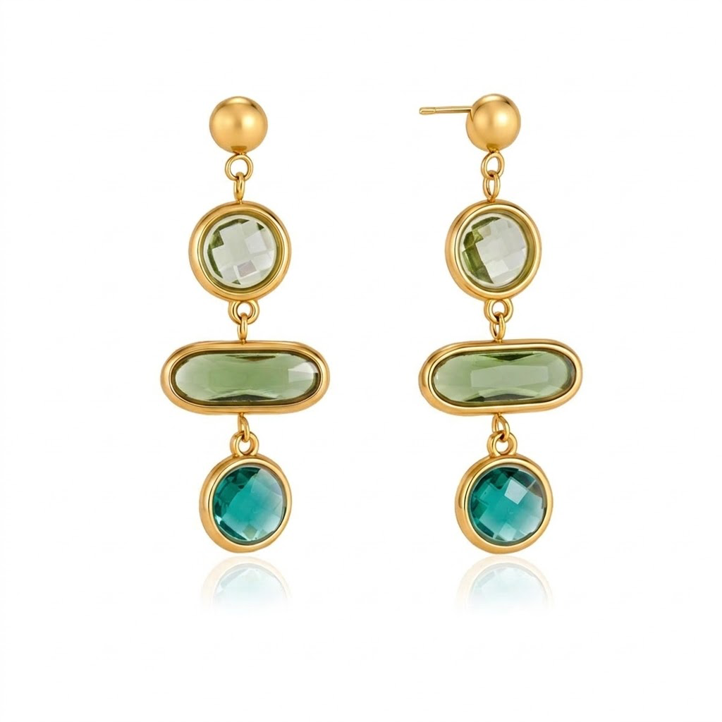18K Gold Plated Stainless Steel Multi-Color Crystal Long Drop Earrings, Geometric Cut Glass Dangle Earrings, Hypoallergenic Waterproof Statement Earrings for Women