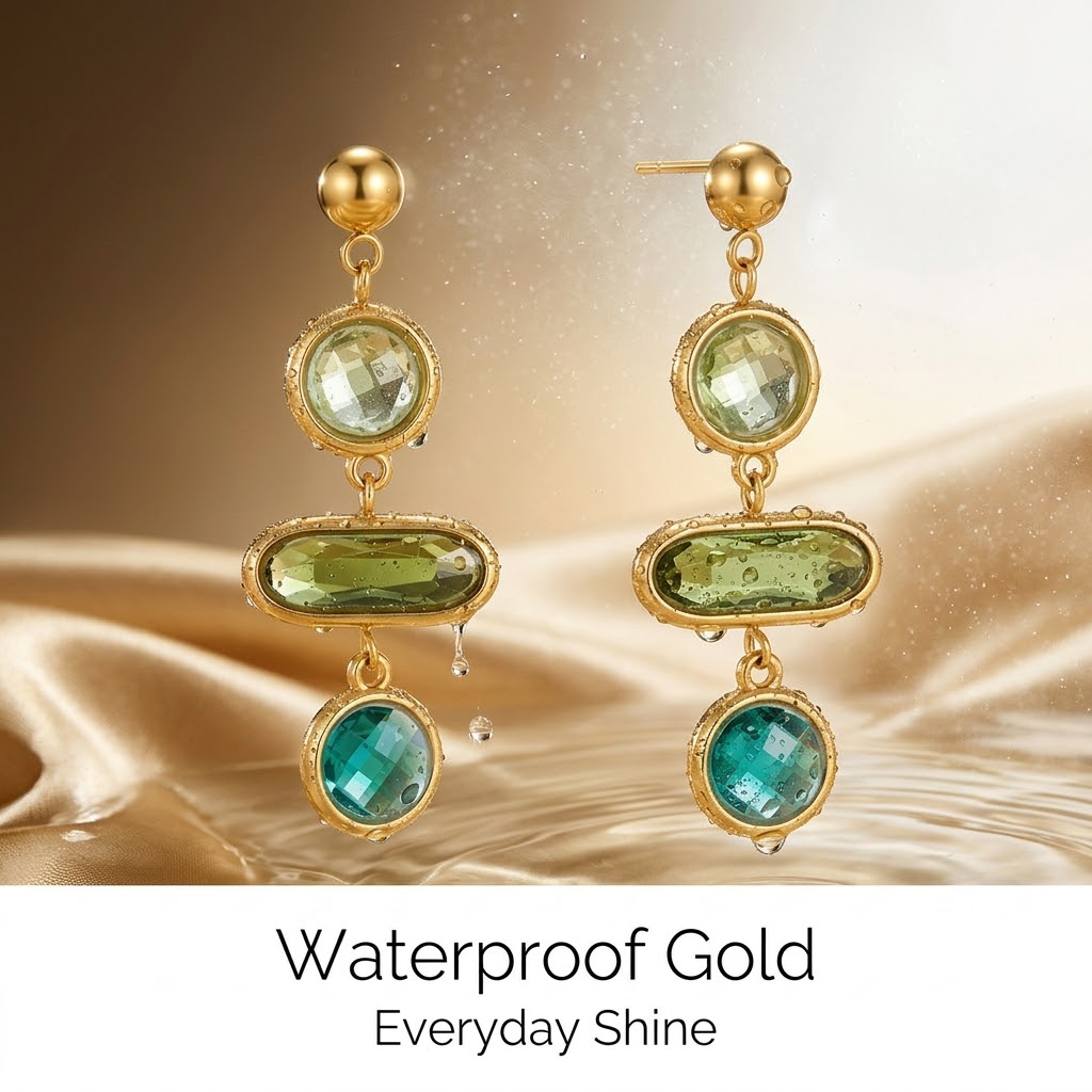 18K Gold Plated Stainless Steel Multi-Color Crystal Long Drop Earrings, Geometric Cut Glass Dangle Earrings, Hypoallergenic Waterproof Statement Earrings for Women