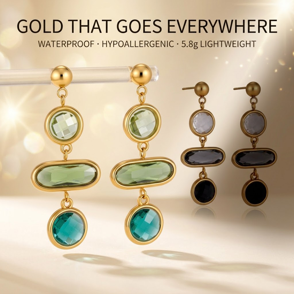 18K Gold Plated Stainless Steel Multi-Color Crystal Long Drop Earrings, Geometric Cut Glass Dangle Earrings, Hypoallergenic Waterproof Statement Earrings for Women