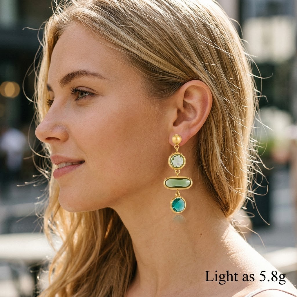 18K Gold Plated Stainless Steel Multi-Color Crystal Long Drop Earrings, Geometric Cut Glass Dangle Earrings, Hypoallergenic Waterproof Statement Earrings for Women