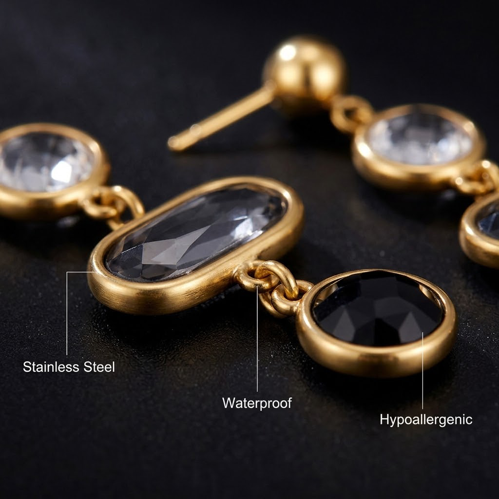 18K Gold Plated Stainless Steel Multi-Color Crystal Long Drop Earrings, Geometric Cut Glass Dangle Earrings, Hypoallergenic Waterproof Statement Earrings for Women