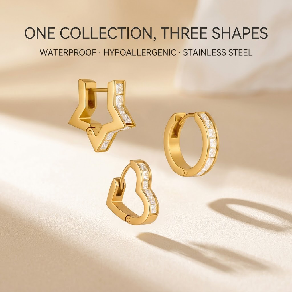 18K Gold Plated Stainless Steel CZ Huggie Hoop Earrings, Heart Star Round Shape Paved Cubic Zirconia Click Huggie Earrings, Waterproof Hypoallergenic Earrings for Women, 3 Styles Available