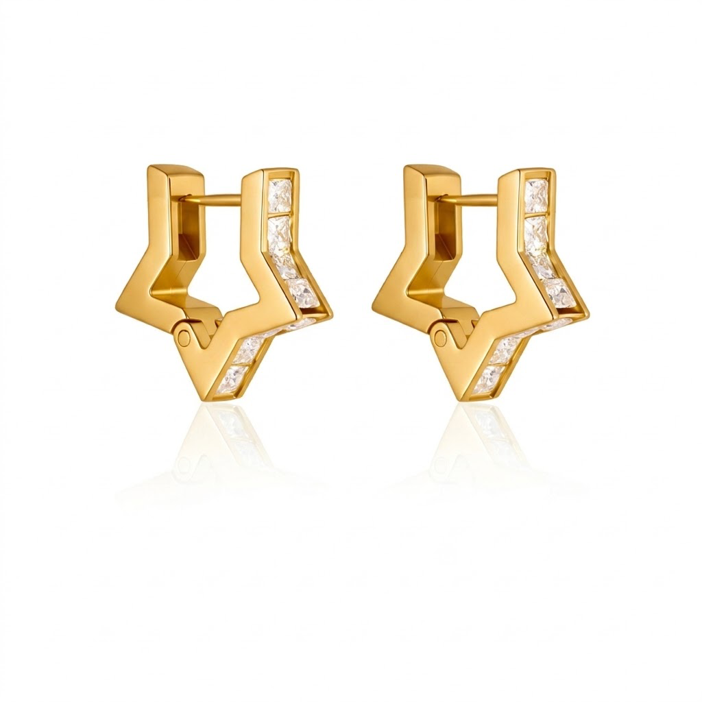 18K Gold Plated Stainless Steel CZ Huggie Hoop Earrings, Heart Star Round Shape Paved Cubic Zirconia Click Huggie Earrings, Waterproof Hypoallergenic Earrings for Women, 3 Styles Available