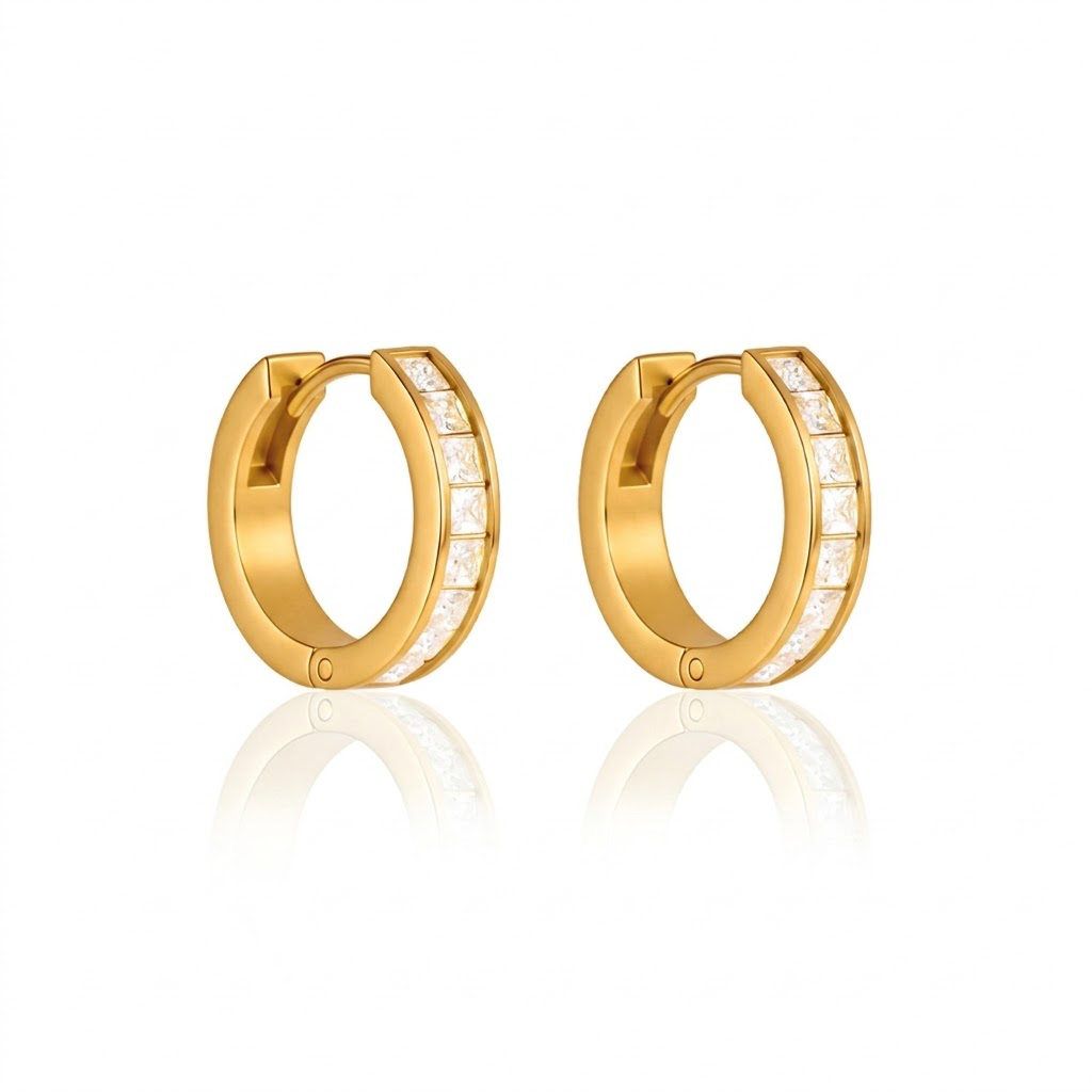 18K Gold Plated Stainless Steel CZ Huggie Hoop Earrings, Heart Star Round Shape Paved Cubic Zirconia Click Huggie Earrings, Waterproof Hypoallergenic Earrings for Women, 3 Styles Available