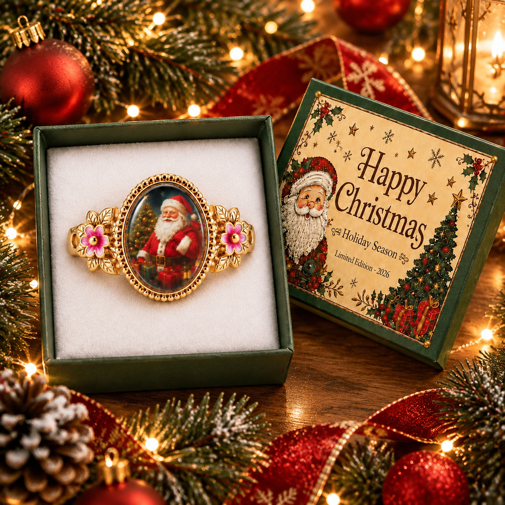 Vintage Santa Christmas Statement Ring for Women, Gold Plated Retro Santa Portrait Oval Ring, Holiday Festive Jewelry Christmas Gift with Gift Box