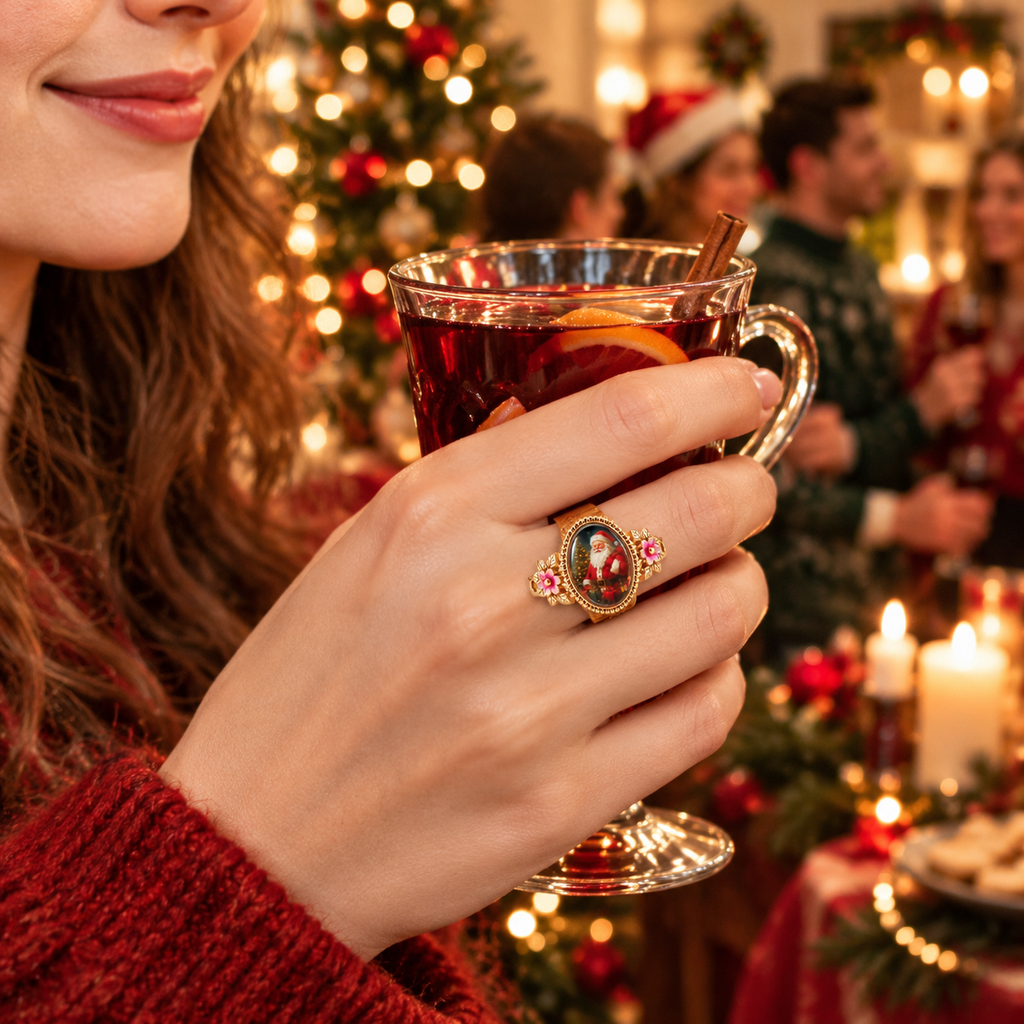 Vintage Santa Christmas Statement Ring for Women, Gold Plated Retro Santa Portrait Oval Ring, Holiday Festive Jewelry Christmas Gift with Gift Box