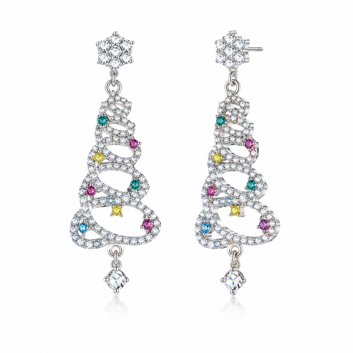 Rhinestone Christmas Tree Dangle Earrings for Women, Sparkly Colorful Crystal Xmas Tree Drop Earrings with Snowflake Top, Holiday Party Statement Jewelry Gift