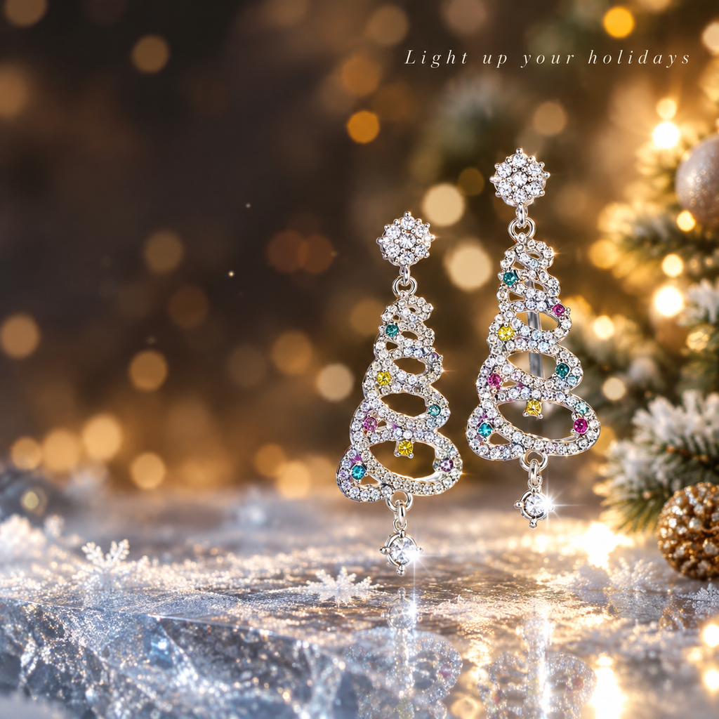 Rhinestone Christmas Tree Dangle Earrings for Women, Sparkly Colorful Crystal Xmas Tree Drop Earrings with Snowflake Top, Holiday Party Statement Jewelry Gift