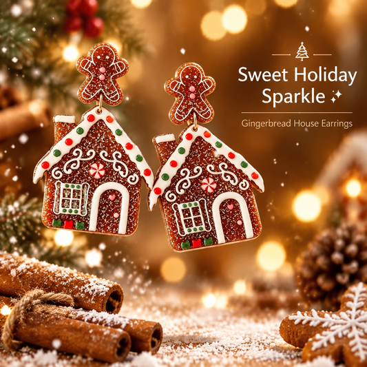 Glitter Gingerbread House & Gingerbread Man Dangle Earrings for Women, Cute Christmas Drop Earrings, Festive Xmas Holiday Party Statement Jewelry Gift