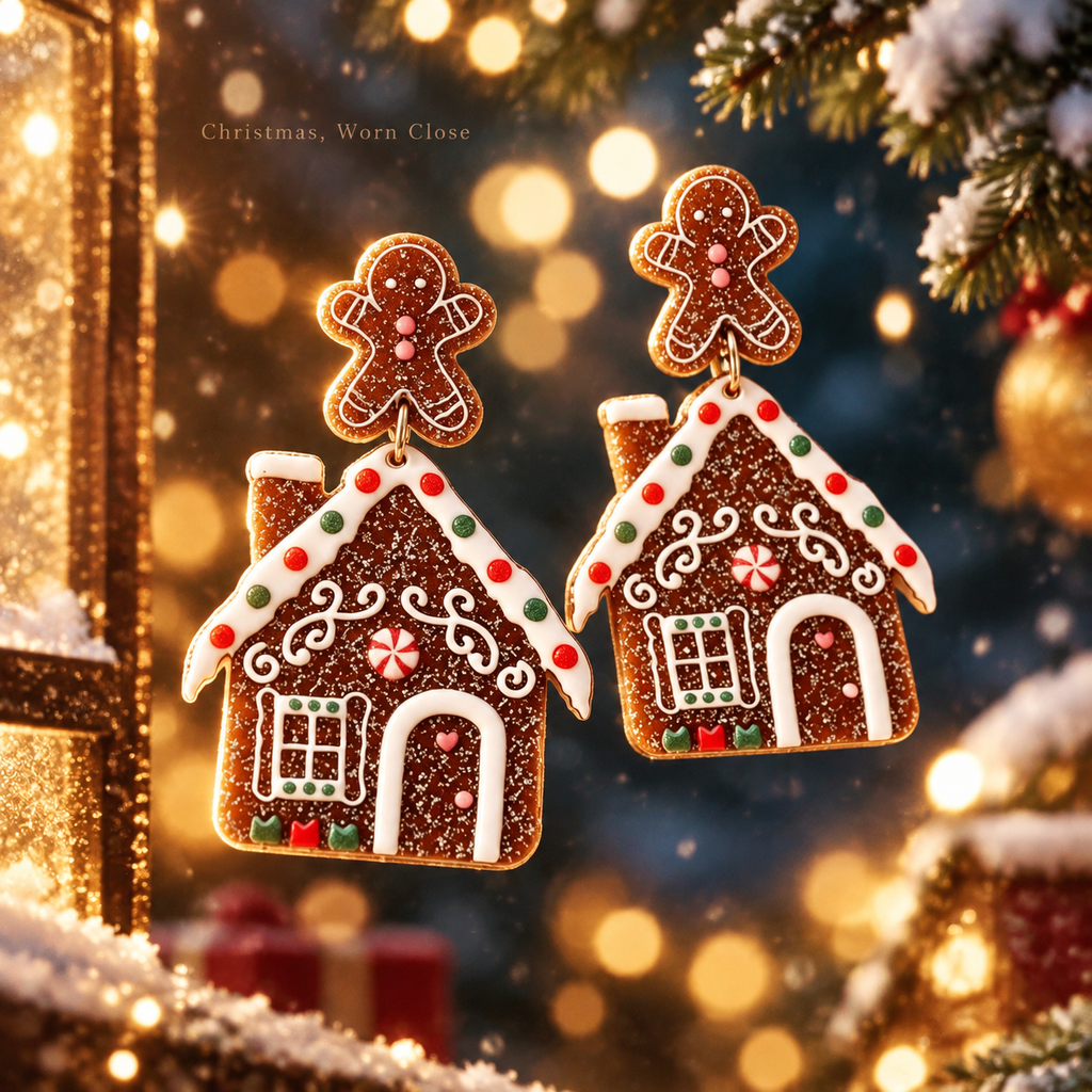 Glitter Gingerbread House & Gingerbread Man Dangle Earrings for Women, Cute Christmas Drop Earrings, Festive Xmas Holiday Party Statement Jewelry Gift